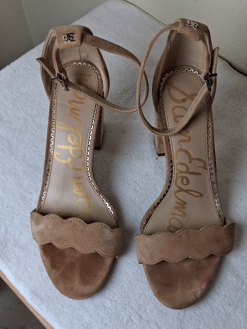 Sam Edelman Tan Suede Scallop Ankle-Strap Block Heels